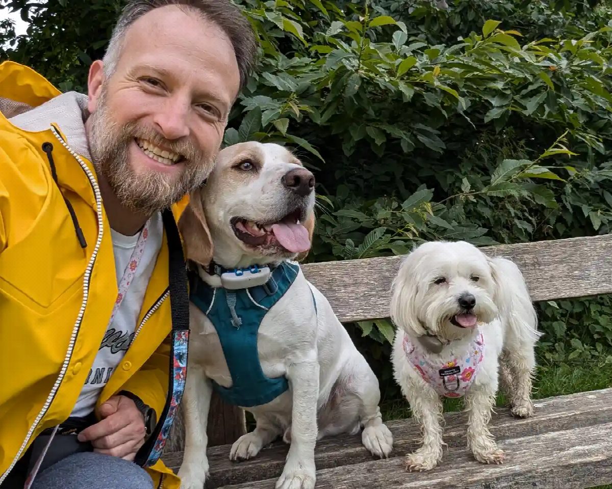 Dylan Coetzee on a park bench with his dogs Archie, a Beagle-Spaniel cross, and Lola, a Maltese-Shih Tzu