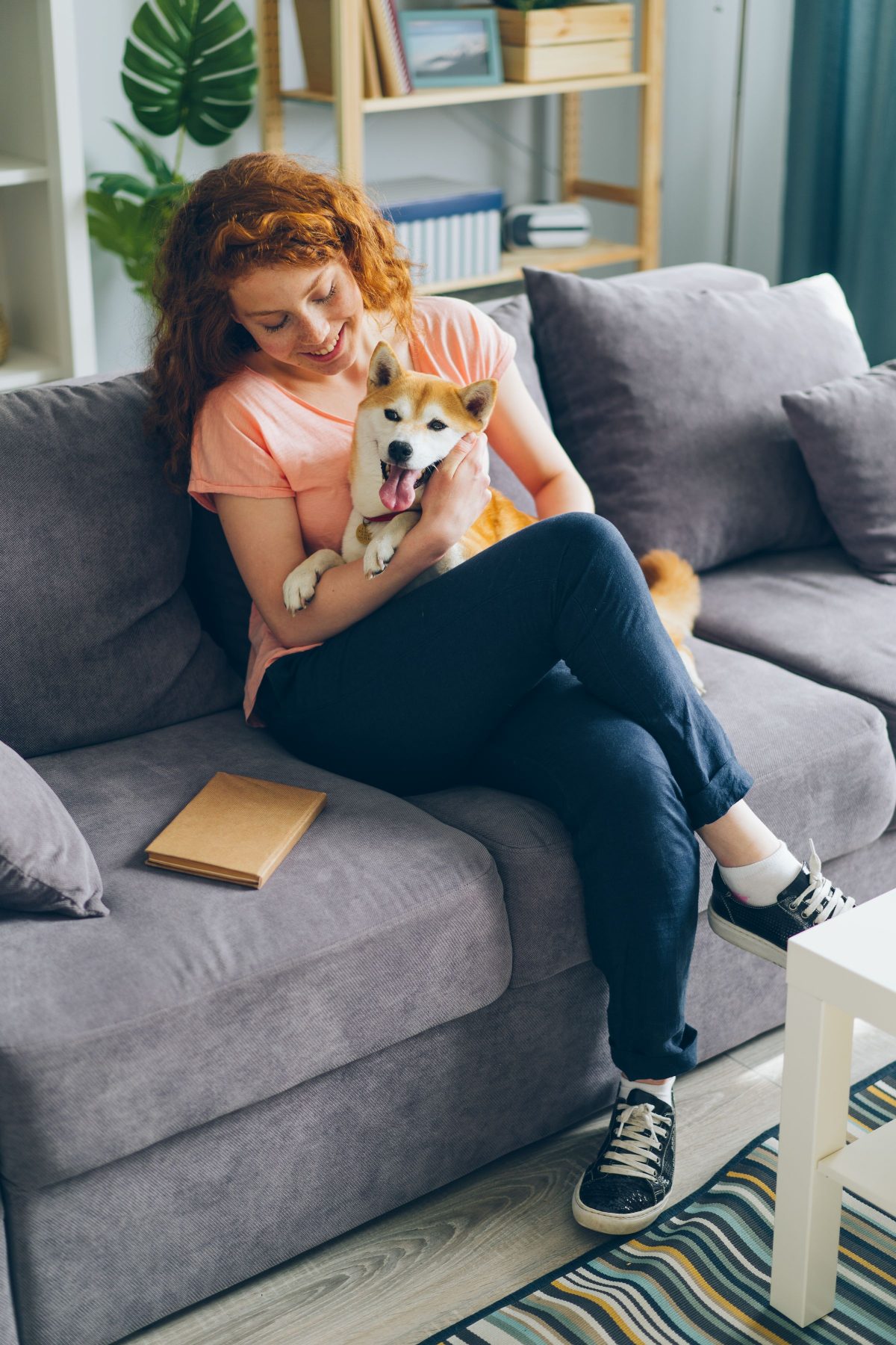 A pet sitter on a sofa at home, cuddling a happy dog